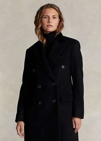 Svarta kvinnors Ralph Lauren Velvet-Topkrage Ull-Blend Melton Coats