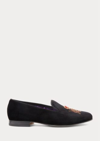 Svarta Ralph Lauren Alonzo Bullion Crest Velvet Dress Shoes för män