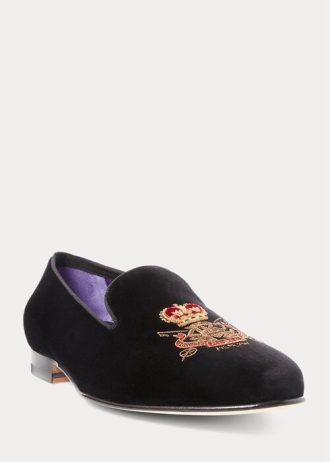 Svarta Ralph Lauren Alonzo Bullion Crest Velvet Dress Shoes för män