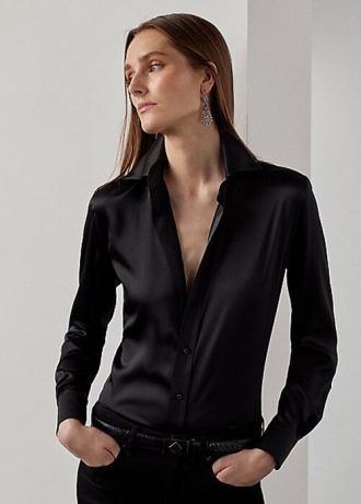 Svarta Ralph Lauren Cameron Stretch Mulberry Silk Shirts för kvinnor