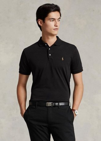Svarta Ralph Lauren Custom Slim Fit Pikétröjor i mjuk bomull för män Svarta Ralph Lauren Custom Slim Fit Pikétröjor i mjuk bomull för män