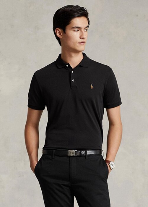 Svarta Ralph Lauren Custom Slim Fit Pikétröjor i mjuk bomull för män Svarta Ralph Lauren Custom Slim Fit Pikétröjor i mjuk bomull för män