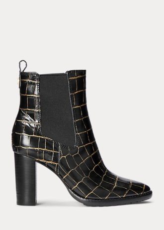 Svarta Ralph Lauren damskor med präglade läderstövlar