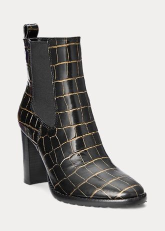 Svarta Ralph Lauren damskor med präglade läderstövlar