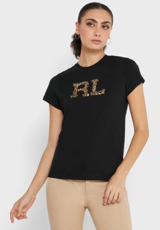 Svarta Ralph Lauren grafiska toppar med rund hals för kvinnor