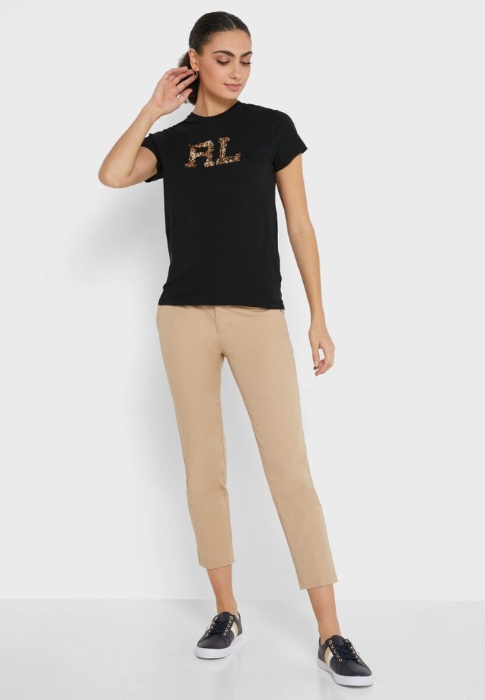 Svarta Ralph Lauren grafiska toppar med rund hals för kvinnor