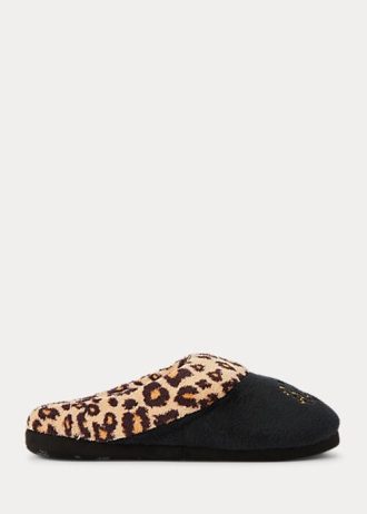 Svarta Ralph Lauren Leopard-tofflor med logotyp för kvinnor