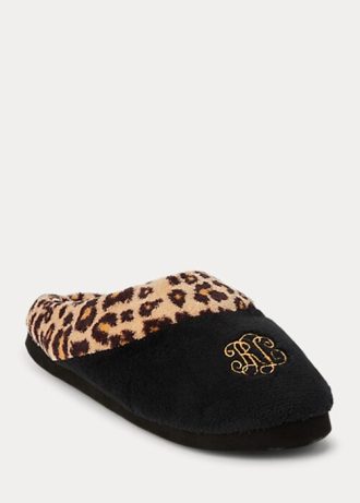Svarta Ralph Lauren Leopard-tofflor med logotyp för kvinnor