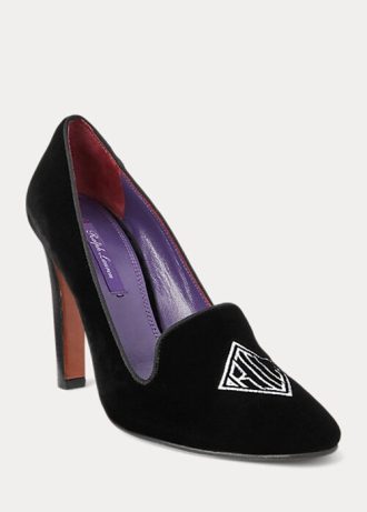 Svarta Ralph Lauren Marion broderade sammetsklackar för kvinnor Svarta Ralph Lauren Marion broderade sammetsklackar för kvinnor