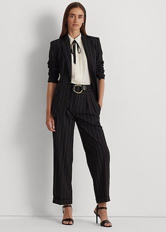 Svarta Ralph Lauren Pinstripe Wool Crepe byxor med vida ben för kvinnor