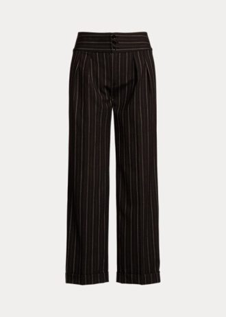 Svarta Ralph Lauren Pinstripe Wool Crepe byxor med vida ben för kvinnor