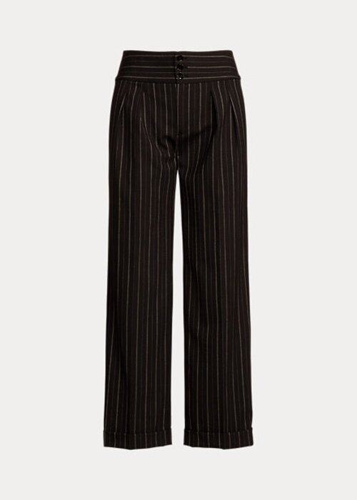 Svarta Ralph Lauren Pinstripe Wool Crepe byxor med vida ben för kvinnor Svarta Ralph Lauren Pinstripe Wool Crepe byxor med vida ben för kvinnor