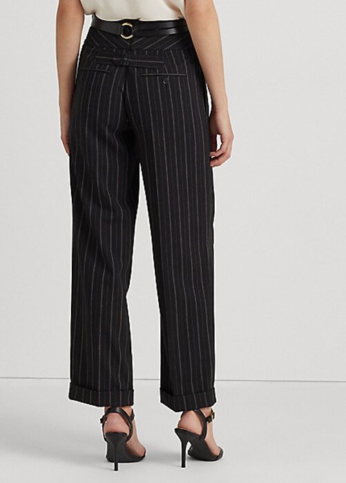 Svarta Ralph Lauren Pinstripe Wool Crepe byxor med vida ben för kvinnor Svarta Ralph Lauren Pinstripe Wool Crepe byxor med vida ben för kvinnor