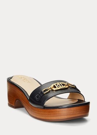 Svarta Ralph Lauren Roxanne Nappa lädersandaler för kvinnor