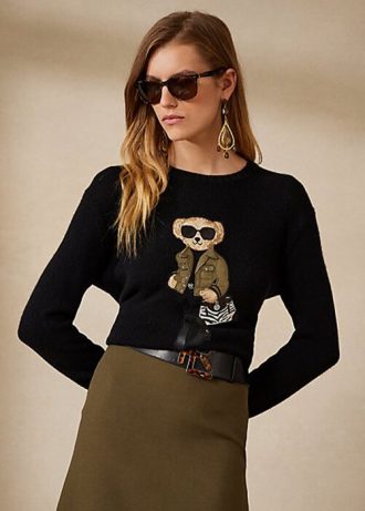 Svarta Ralph Lauren Utility Bear Cashmere-tröjor för kvinnor Svarta Ralph Lauren Utility Bear Cashmere-tröjor för kvinnor