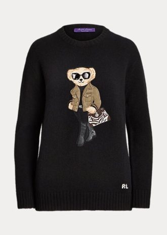 Svarta Ralph Lauren Utility Bear Cashmere-tröjor för kvinnor Svarta Ralph Lauren Utility Bear Cashmere-tröjor för kvinnor