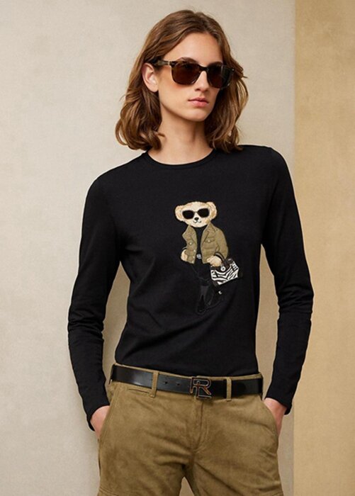 Svarta Ralph Lauren Utility Bear Cotton långärmade T-shirts för kvinnor Svarta Ralph Lauren Utility Bear Cotton långärmade T-shirts för kvinnor