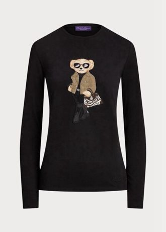 Svarta Ralph Lauren Utility Bear Cotton långärmade T-shirts för kvinnor Svarta Ralph Lauren Utility Bear Cotton långärmade T-shirts för kvinnor