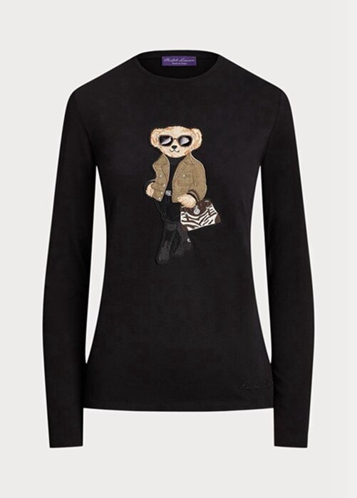 Svarta Ralph Lauren Utility Bear Cotton långärmade T-shirts för kvinnor Svarta Ralph Lauren Utility Bear Cotton långärmade T-shirts för kvinnor
