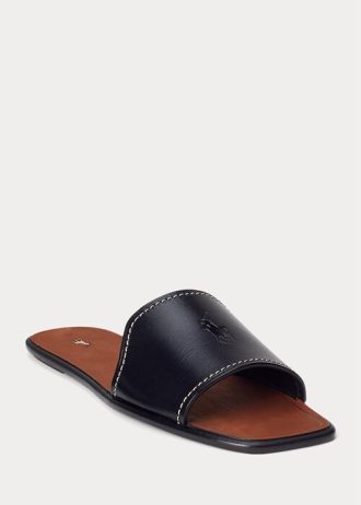 Svarta Ralph Lauren Vachetta lädersandaler för kvinnor