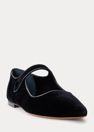 Svarta Ralph Lauren Velvet Mary Jane Spetsiga Platta Skor för kvinnor