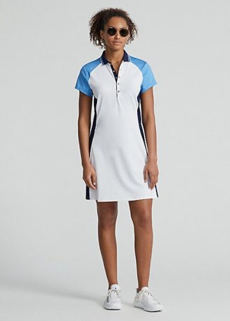 Vit/blå kvinnors Ralph Lauren färgblockerad stretchig jerseyklänning