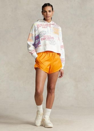 Vit dam Ralph Lauren logotyp grafisk luvtröja i oversize fleece