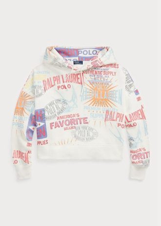 Vit dam Ralph Lauren logotyp grafisk luvtröja i oversize fleece