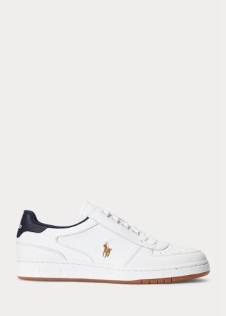 Vit / Marinblå mäns Ralph Lauren Court Låg-Top Sneakers i läder