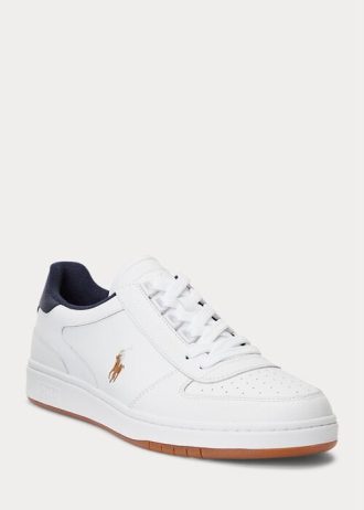 Vit / Marinblå mäns Ralph Lauren Court Låg-Top Sneakers i läder