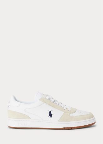 Vit / Marinblå Ralph Lauren Court Sneakers i läder-mocka för män