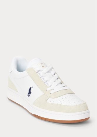 Vit / Marinblå Ralph Lauren Court Sneakers i läder-mocka för män