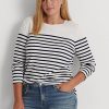 Vit / Marinblå Ralph Lauren randiga långärmade bomullstoppar för kvinnor Vit / Marinblå Ralph Lauren randiga långärmade bomullstoppar för kvinnor