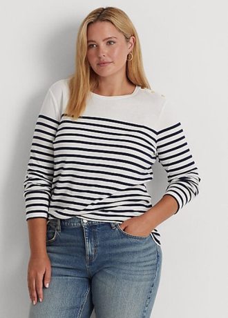 Vit / Marinblå Ralph Lauren randiga långärmade bomullstoppar för kvinnor