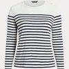 Vit / Marinblå Ralph Lauren randiga långärmade bomullstoppar för kvinnor Vit / Marinblå Ralph Lauren randiga långärmade bomullstoppar för kvinnor