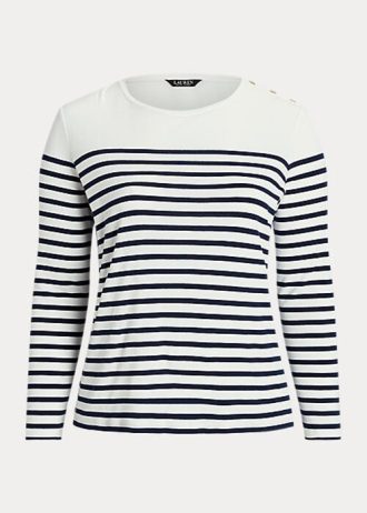 Vit / Marinblå Ralph Lauren randiga långärmade bomullstoppar för kvinnor