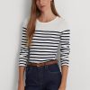 Vit/marinblå Ralph Lauren randiga långärmade T-shirts i bomull för kvinnor Vit/marinblå Ralph Lauren randiga långärmade T-shirts i bomull för kvinnor