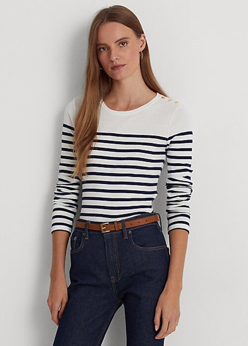 Vit/marinblå Ralph Lauren randiga långärmade T-shirts i bomull för kvinnor Vit/marinblå Ralph Lauren randiga långärmade T-shirts i bomull för kvinnor