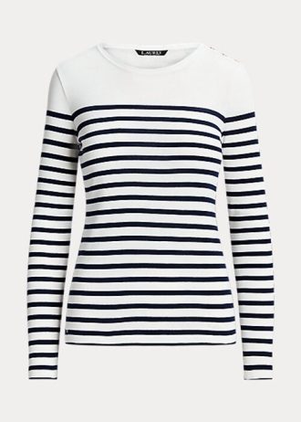Vit/marinblå Ralph Lauren randiga långärmade T-shirts i bomull för kvinnor Vit/marinblå Ralph Lauren randiga långärmade T-shirts i bomull för kvinnor