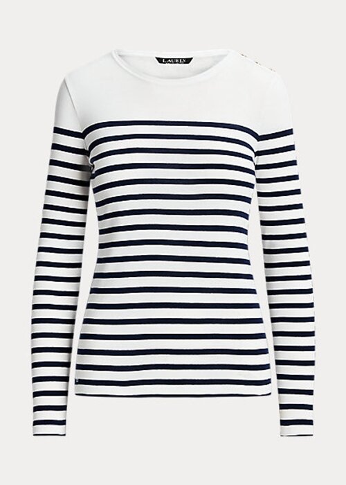 Vit/marinblå Ralph Lauren randiga långärmade T-shirts i bomull för kvinnor Vit/marinblå Ralph Lauren randiga långärmade T-shirts i bomull för kvinnor