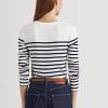 Vit/marinblå Ralph Lauren randiga långärmade T-shirts i bomull för kvinnor Vit/marinblå Ralph Lauren randiga långärmade T-shirts i bomull för kvinnor