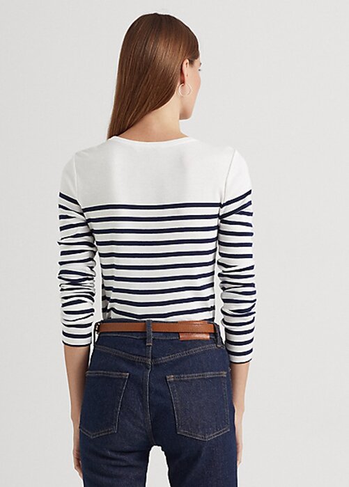 Vit/marinblå Ralph Lauren randiga långärmade T-shirts i bomull för kvinnor Vit/marinblå Ralph Lauren randiga långärmade T-shirts i bomull för kvinnor