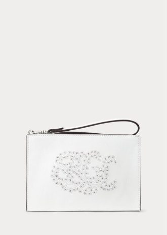 Vit Ralph Lauren Eyelet-broderad läder handväska för kvinnor