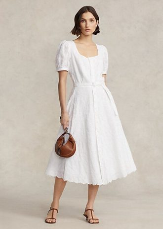 Vit Ralph Lauren Eyelet-broderad linneklänning för kvinnor