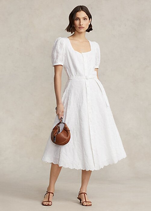 Vit Ralph Lauren Eyelet-broderad linneklänning för kvinnor Vit Ralph Lauren Eyelet-broderad linneklänning för kvinnor