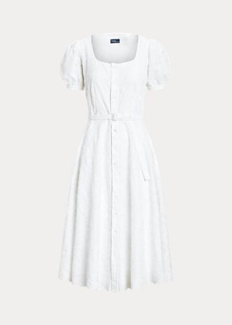 Vit Ralph Lauren Eyelet-broderad linneklänning för kvinnor