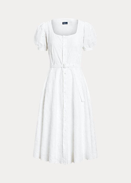 Vit Ralph Lauren Eyelet-broderad linneklänning för kvinnor Vit Ralph Lauren Eyelet-broderad linneklänning för kvinnor
