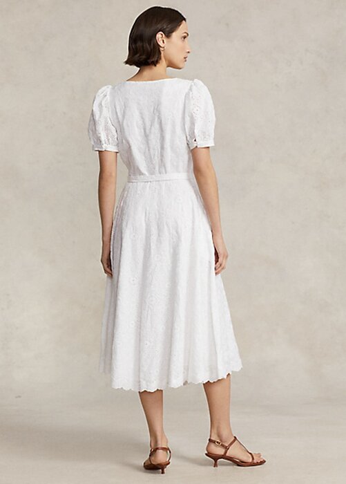 Vit Ralph Lauren Eyelet-broderad linneklänning för kvinnor Vit Ralph Lauren Eyelet-broderad linneklänning för kvinnor