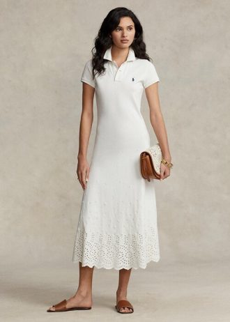 Vit Ralph Lauren Eyelet Stretch Cotton Mesh Klänning för kvinnor