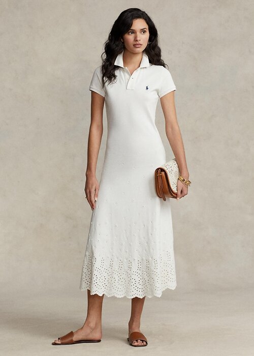 Vit Ralph Lauren Eyelet Stretch Cotton Mesh Klänning för kvinnor Vit Ralph Lauren Eyelet Stretch Cotton Mesh Klänning för kvinnor
